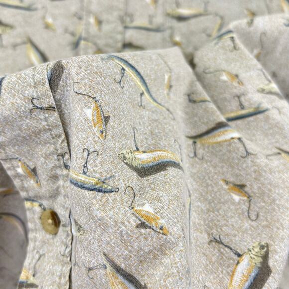 Woolrich Camp Shirt Mens XL Short Sleeve Tan Fishing Lures Button Down Stretch - Picture 6 of 16